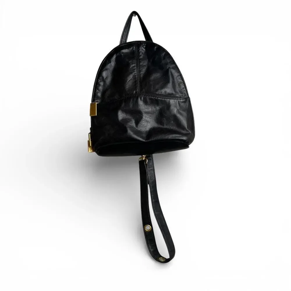 Vintage Tignanello Black Faux Leather Crossbody Backpack with Gold Hardware